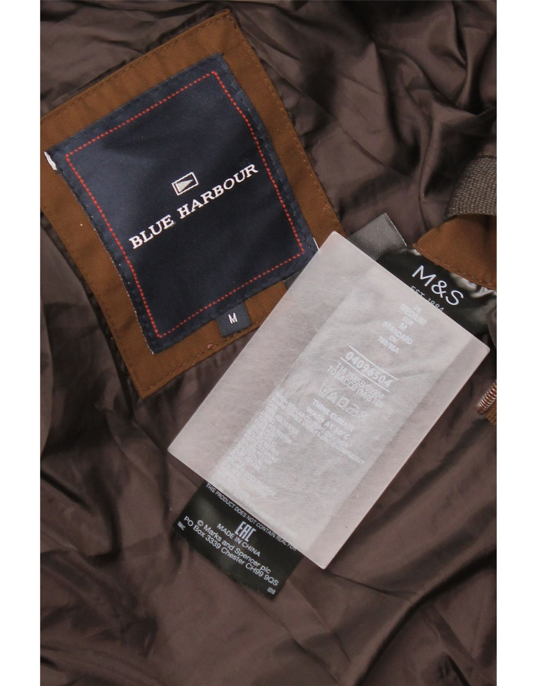 Marks & Spencer Chaqueta acolchada con capucha Blue Harbour para hombre UK 38 Marrón medio