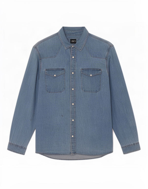 Zara Hombre Camisa Vaquera De Ajuste Relajado Algodón Azul Grande