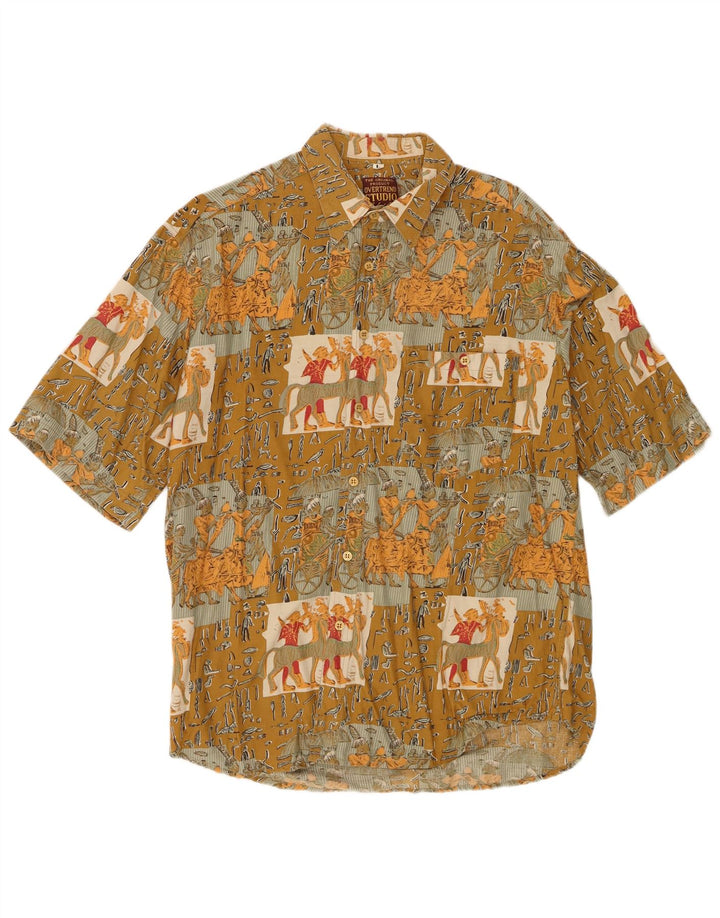 Vintage hombres gráfico manga corta camisa grande caqui patchwork viscosa