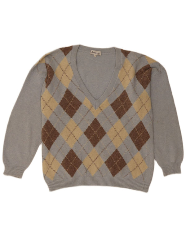 Vintage mujer V-cuello jumper suéter Reino Unido 18 XL azul Argyle/Diamond