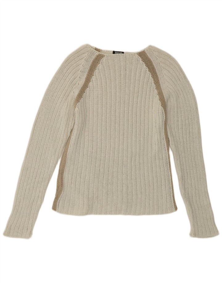 Killer Loop Suéter tipo jersey con cuello barco para mujer, talla 40, talla pequeña, color blanco a rayas