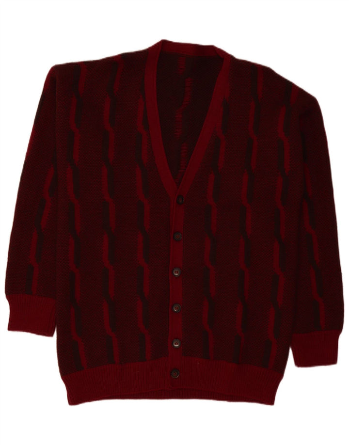 VINTAGE Hombres Cardigan Suéter Grande Borgoña Rayas