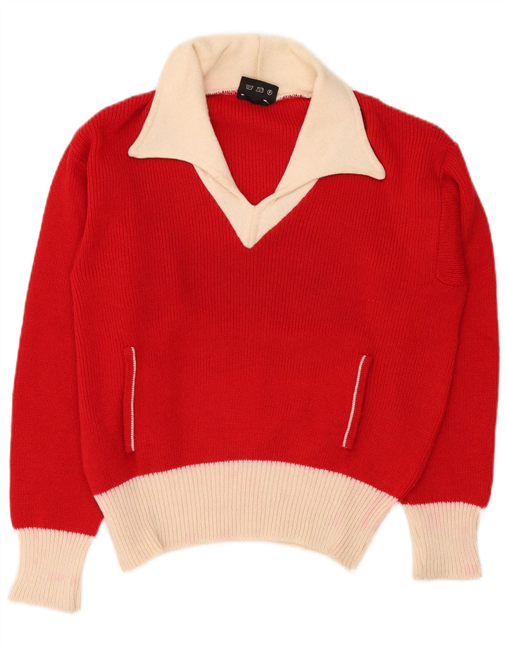 VINTAGE Jersey de cuello polo para mujer IT 48 XL Rojo Colorblock Acrílico