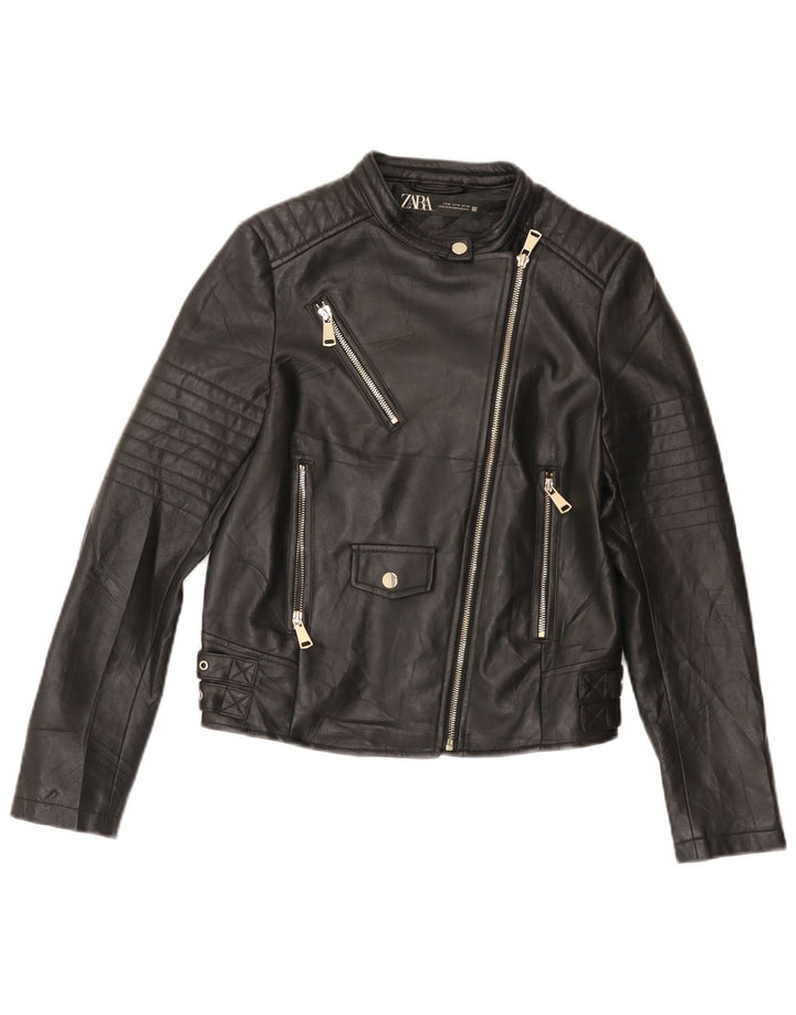 Zara Chaqueta Motera Corta De Piel Sintética Para Mujer UK 40 Mediana Polietileno Negro