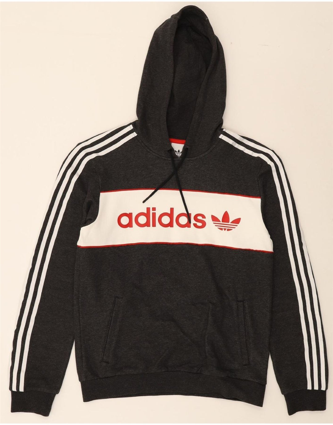ADIDAS Mens Graphic Hoodie Jumper Small Grey Colourblock Vintage Adidas and Second-Hand Adidas from Messina Hembry 