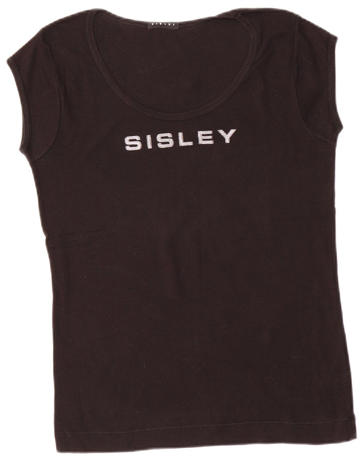 SISLEY Camiseta gráfica para mujer Top UK 44 Grande Algodón negro
