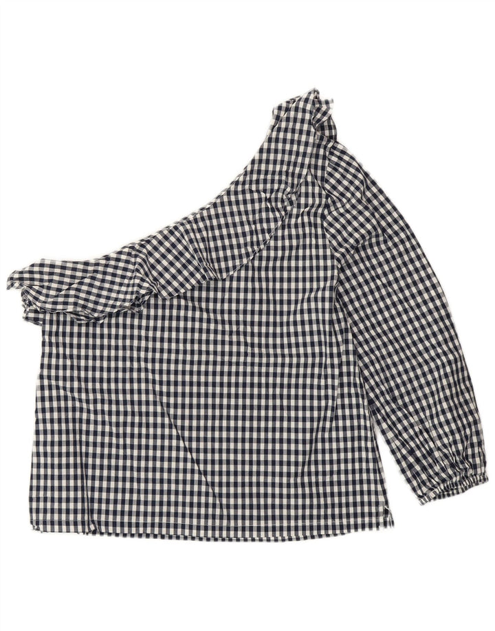 J. CREW Top de un hombro para mujer US 8 Mediano Azul Marino Gingham Algodón