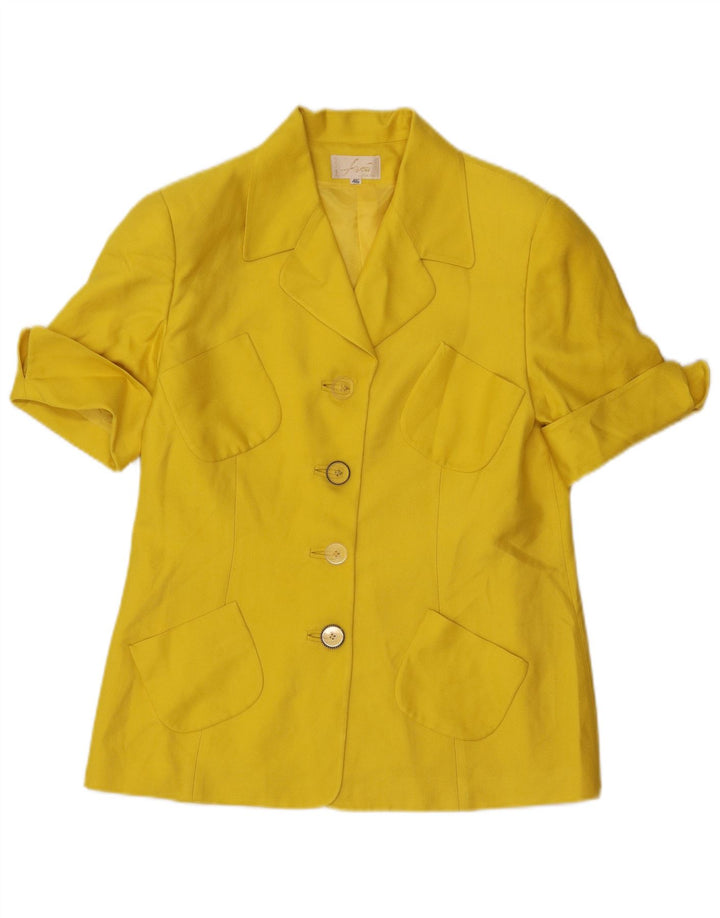 Vintage mujer 4 botones 2 piezas falda conjunto IT 46 grande W32 seda amarilla