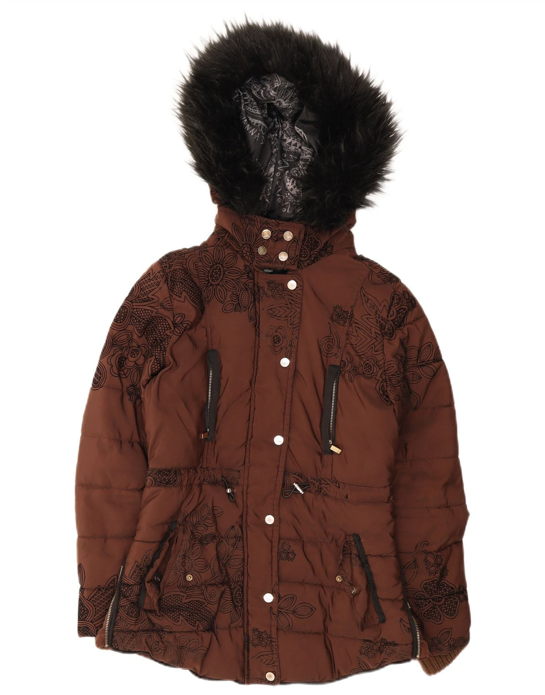 Desigual Chaqueta acolchada extragrande con capucha para mujer EU 36 Small Brown Floral