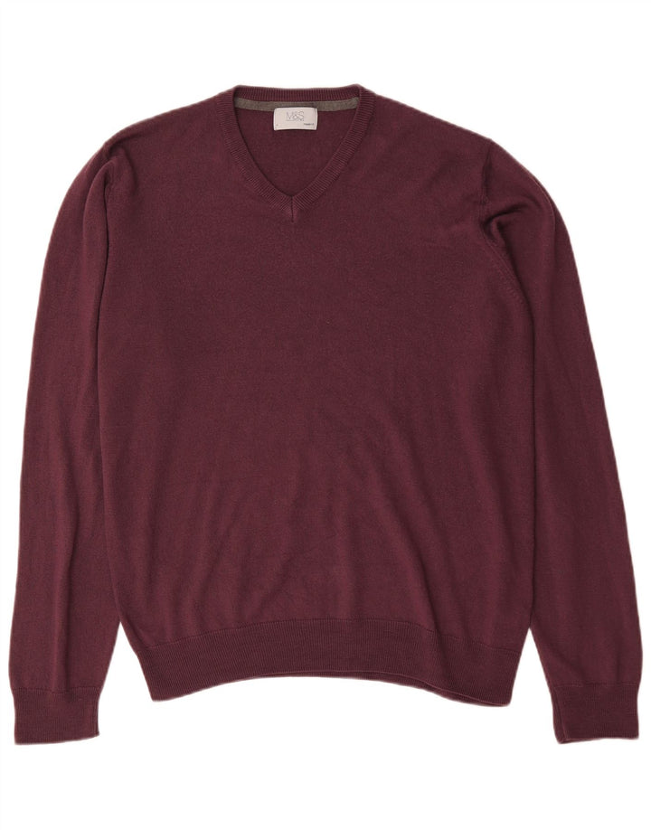Marks & Spencer Suéter tipo jersey con cuello en V y corte regular para hombre, talla grande, color burdeos
