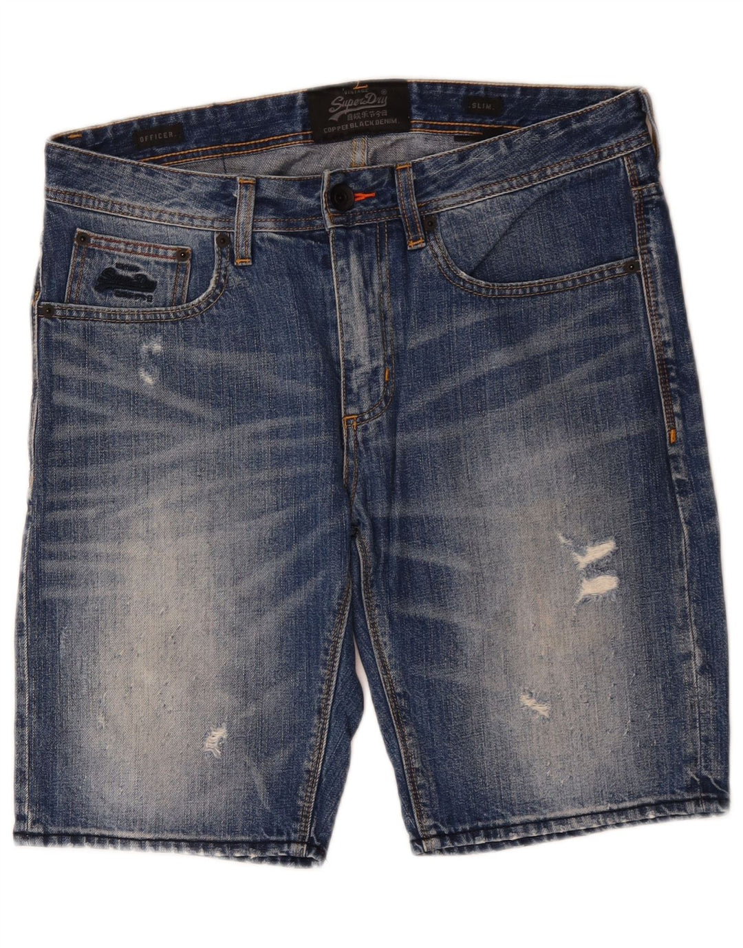 SUPERDRY Pantalones cortos de mezclilla ajustados y desgastados para hombre Officer W32 Algodón azul medio