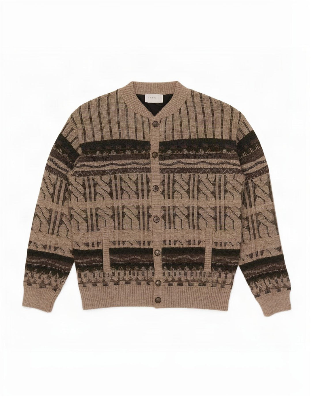 Vintage hombres Cardigan suéter IT 52 lana geométrica marrón grande