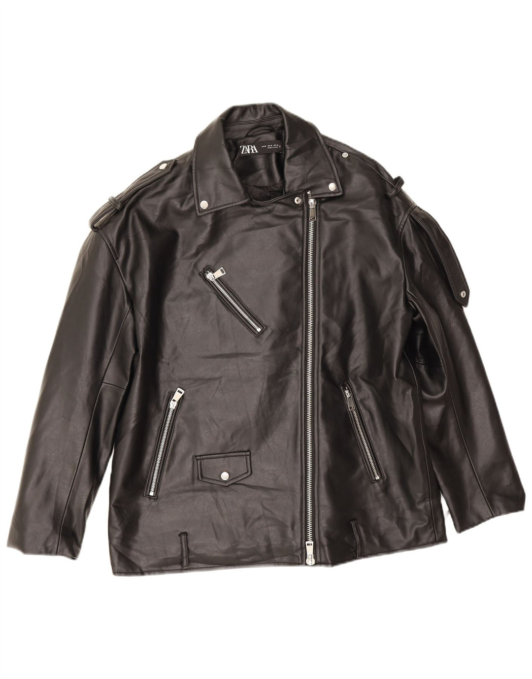 Zara Chaqueta motera de piel sintética extragrande para hombre UK 44 Mediana Poliéster negro