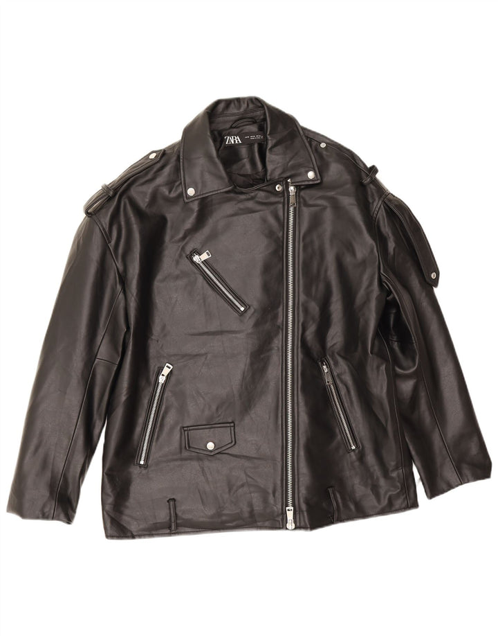 Zara Chaqueta motera de piel sintética extragrande para hombre UK 44 Mediana Poliéster negro