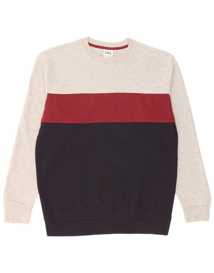 Zara Hombre Sudadera Jumper Large Gris Colorblock Algodón