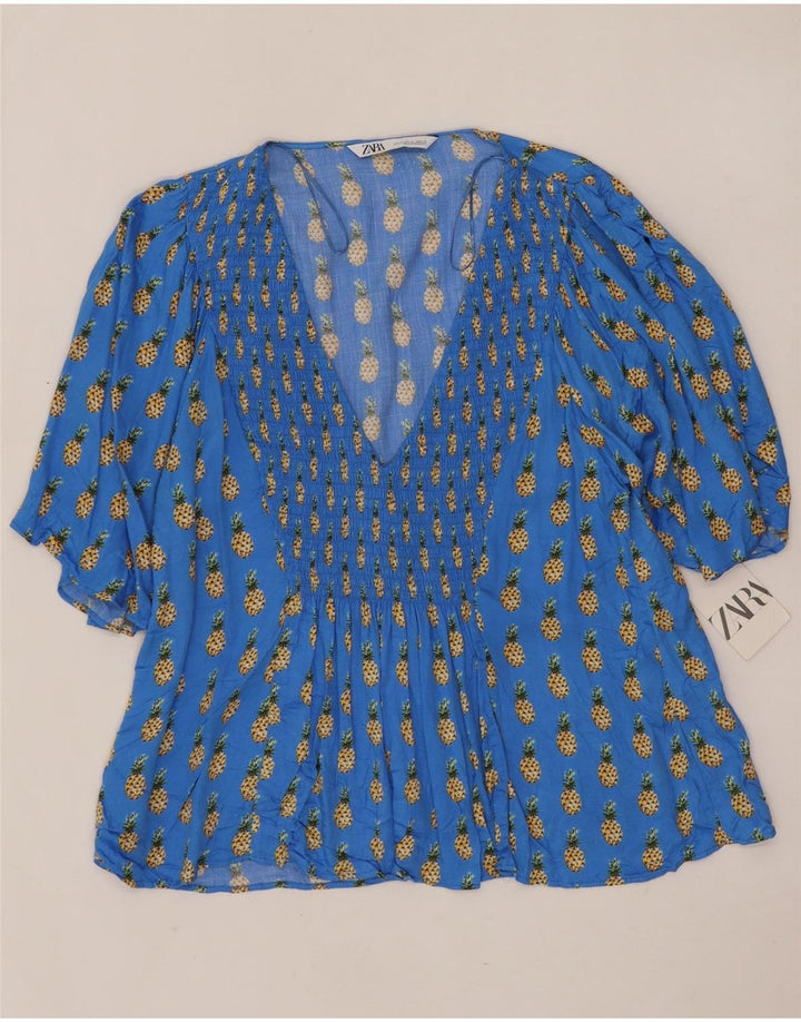 Zara Mujer Patrón Abstracto Blusa Manga 3/4 Top UK 40 XL Viscosa Azul