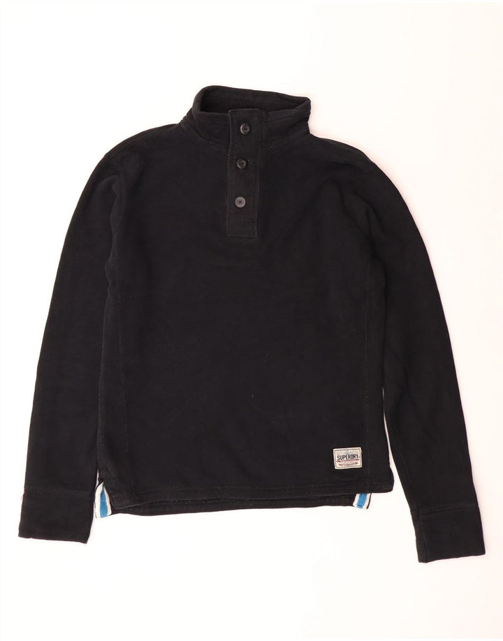 Superdry Sudadera con cuello y botones para hombre, jersey de algodón negro grande