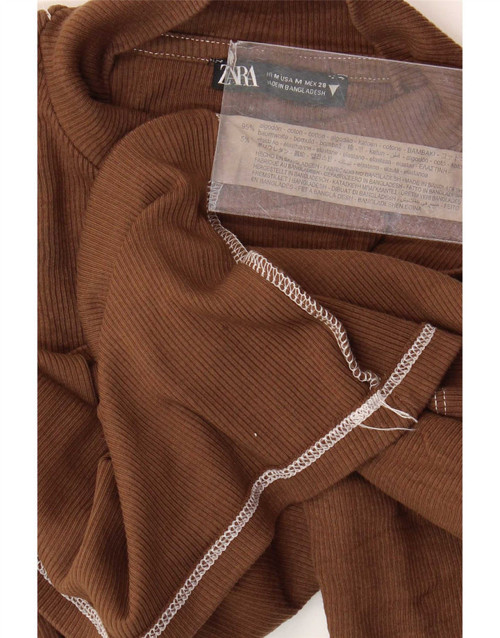 Zara Mujer Crop Top Manga 3/4 UK 42 Algodón Marrón Medio