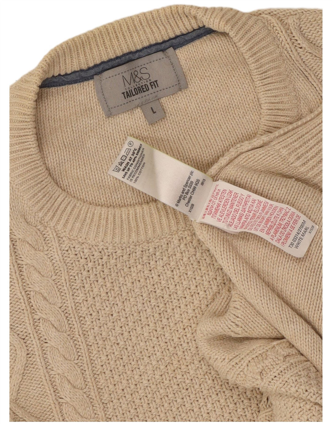 Marks & Spencer Suéter tipo jersey con cuello redondo y ajuste a medida para hombre, talla grande, color beige