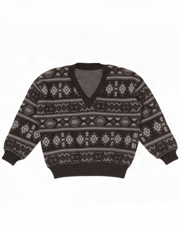 Vintage hombres V-cuello jumper suéter grande gris Fair Isle