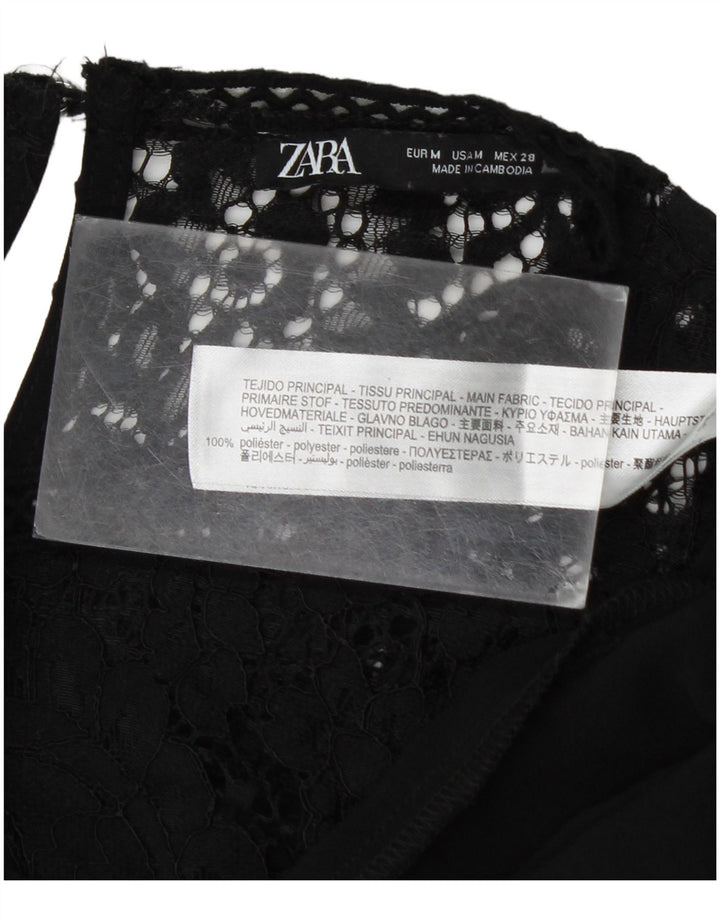 Zara Vestido Básico De Manga Larga Para Mujer UK 44 Mediano Poliéster Floral Negro
