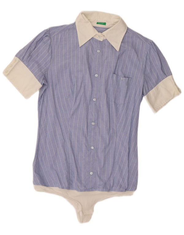 Benetton Body Camisero De Manga Corta Mujer ES 44 Large Azul De Algodón A Rayas