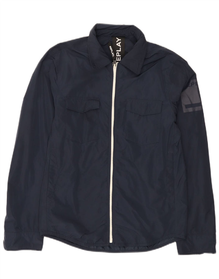 Replay Chaqueta impermeable gráfica para hombre UK 36 Small Poliéster azul marino