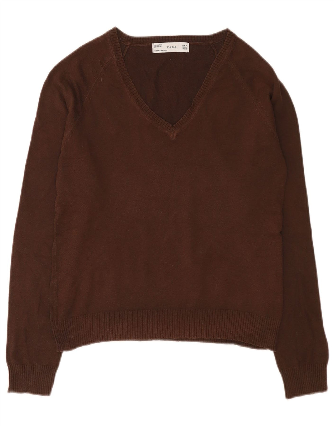 Zara - Jersey con cuello en V para mujer, talla 42, algodón marrón medio