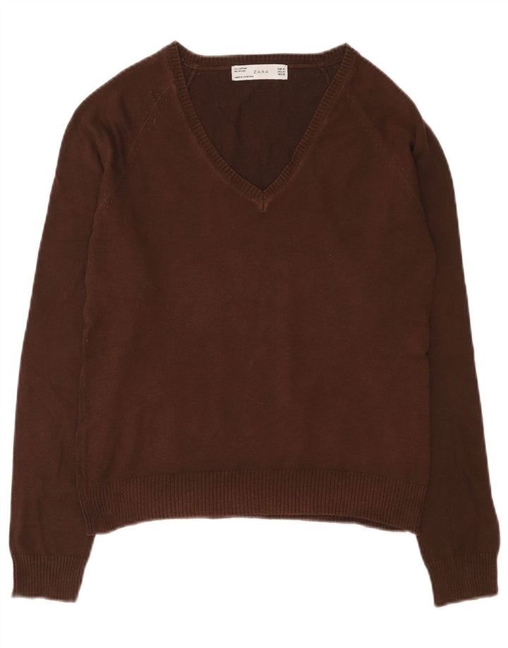 Zara - Jersey con cuello en V para mujer, talla 42, algodón marrón medio