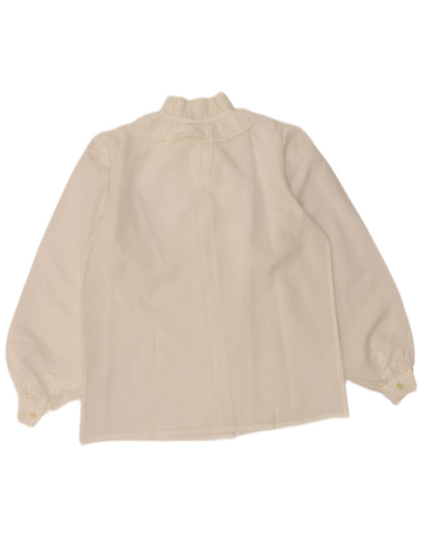 VINTAGE Blusa de camisa delantera con volantes para mujer Reino Unido 16 Blanco grande