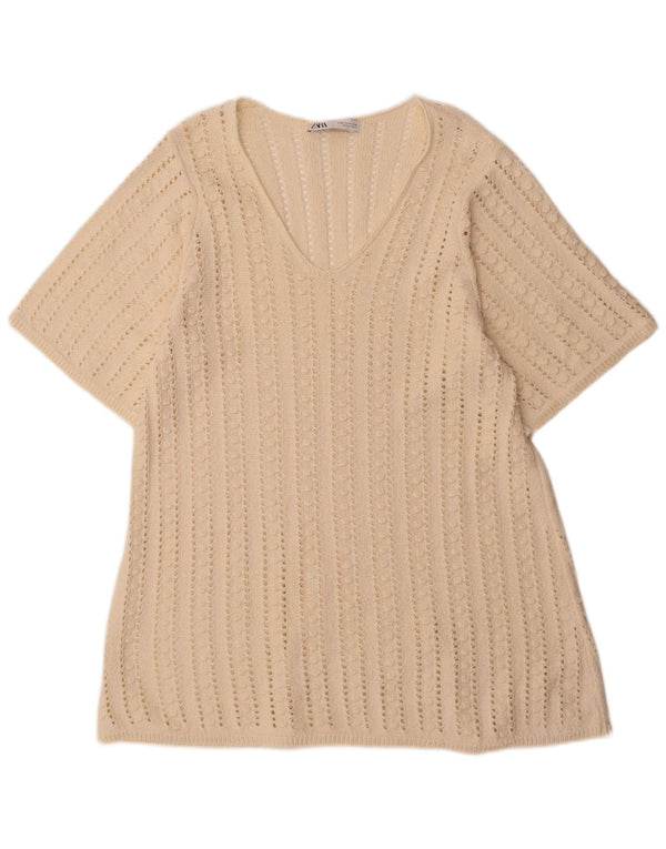 Zara Vestido tipo jersey de croché de manga corta para mujer UK 40 Medium Off White