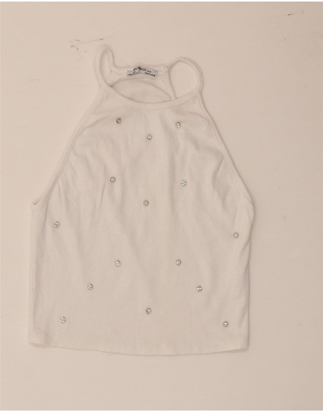Zara Mujer Crop Halter Top UK 44 Grande Algodón Manchado Blanco