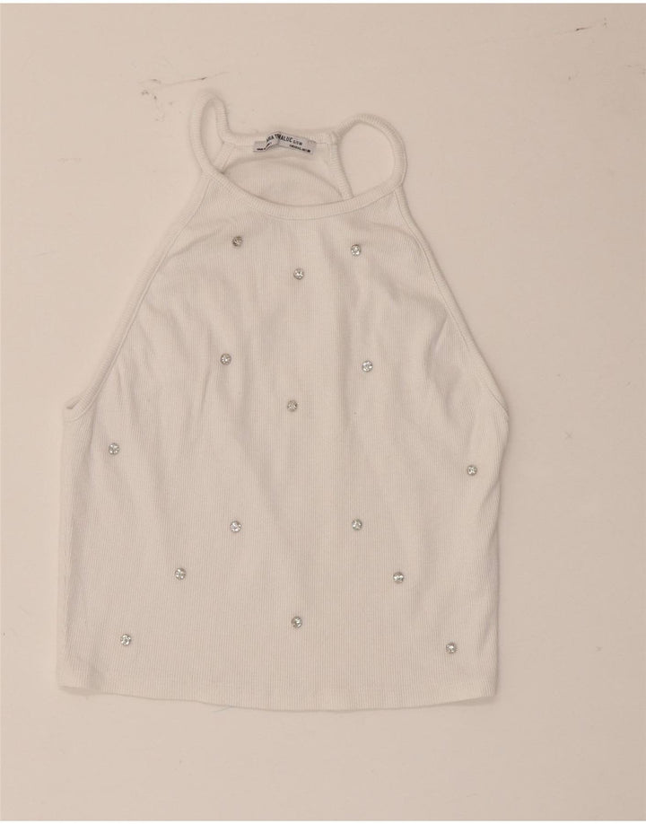 Zara Mujer Crop Halter Top UK 44 Grande Algodón Manchado Blanco