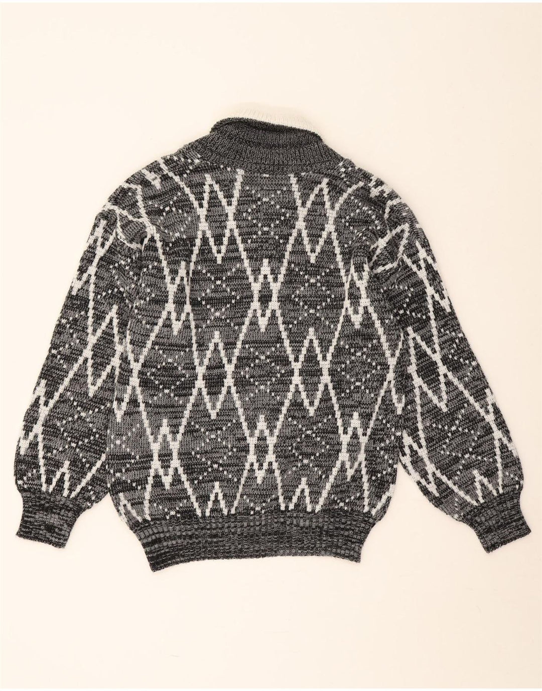 Vintage hombres chal cuello jumper suéter medio gris geométrico