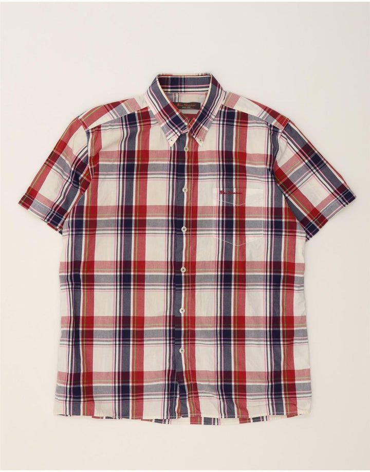 BEN SHERMAN Camisa de manga corta para hombre de algodón a cuadros multicolores grandes
