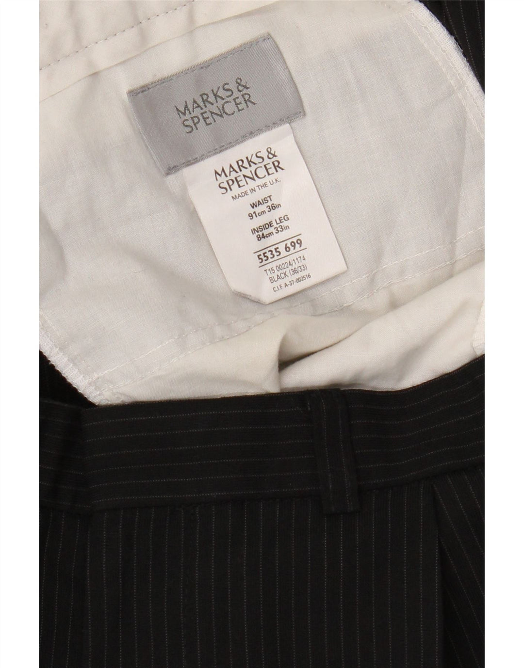 Marks & Spencer Pantalón de traje con pinzas para hombre W36 L33 Poliéster a rayas negras
