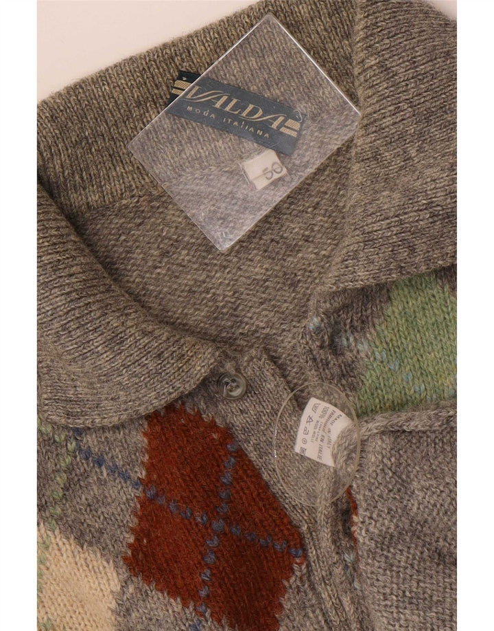Vintage hombres polo cuello jersey suéter IT 50 gris medio Argyle/lana de diamante