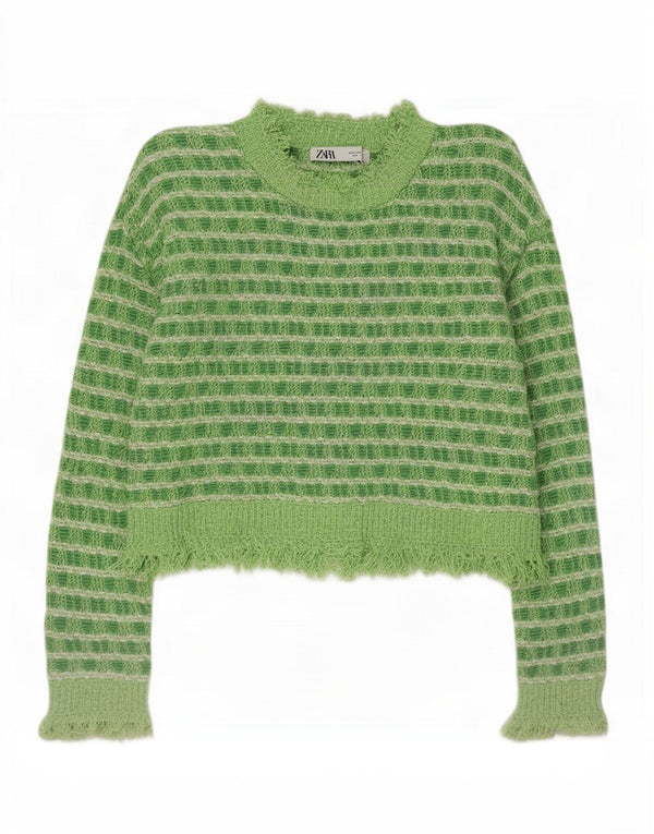 Zara Mujer Crop Turtle Neck Jumper Sweater UK 10 Small Verde Rayas