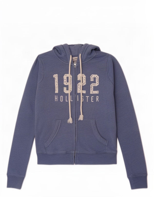 Hollister Womens Graphic Zip Hoodie Sweater UK 10 Small Blue Cotton