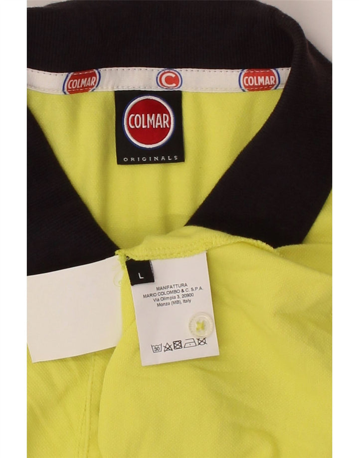 COLMAR Mens Graphic Polo Shirt Large Yellow Cotton Vintage Colmar and Second-Hand Colmar from Messina Hembry 