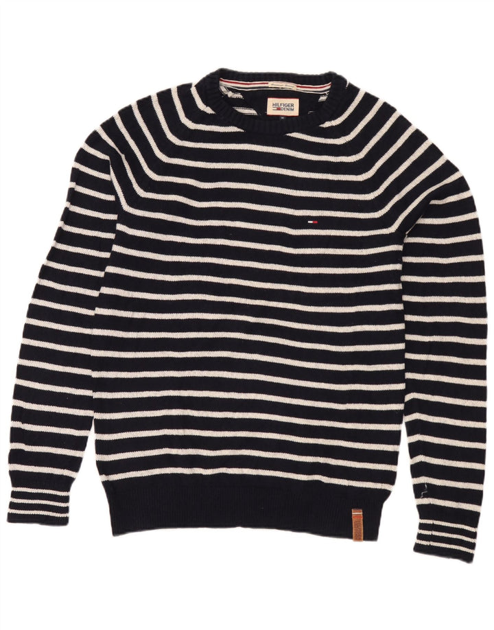 Tommy Hilfiger Jersey de cuello redondo para hombre con rayas azul marino mediano