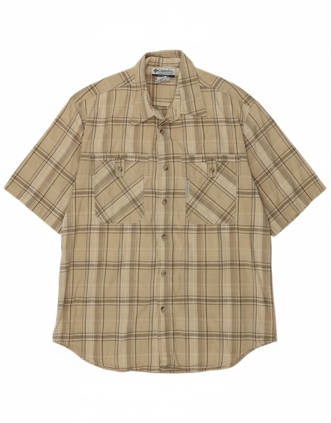 COLUMBIA Mens Short Sleeve Shirt Medium Beige Check Cotton Vintage Columbia and Second-Hand Columbia from Messina Hembry 