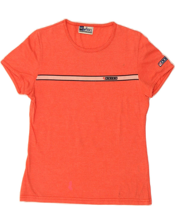 ASICS Womens Graphic T-Shirt Top UK 12 Medium Orange Striped Cotton