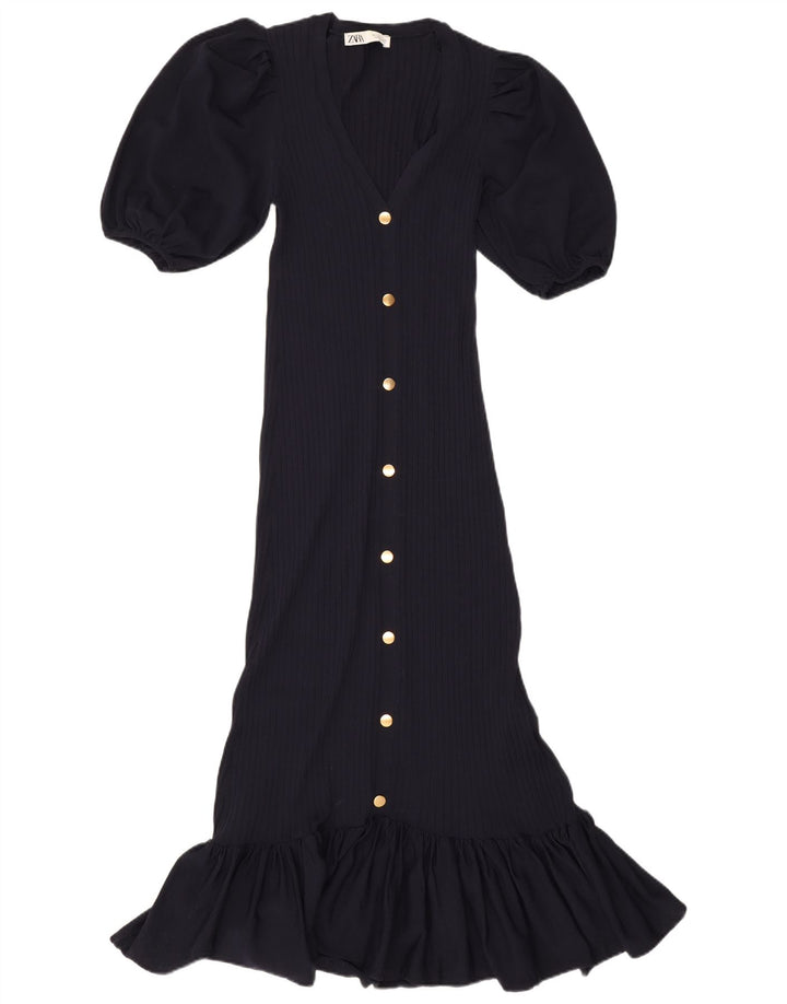 Zara Mujer Maxi Vestido UK 40 Mediano Azul Marino Poliamida