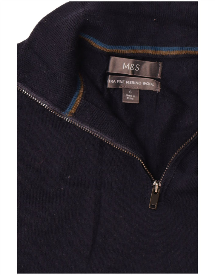 Marks & Spencer - Jersey para hombre con cuello y cremallera, talla pequeña, lana merino, color azul marino