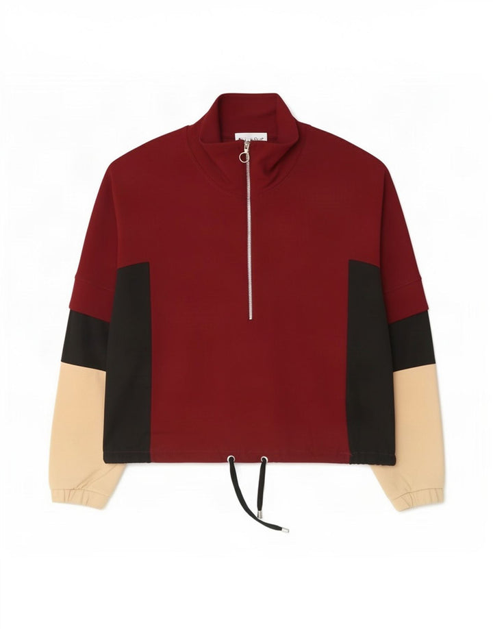 Zara Mujer Cremallera Cuello Jersey Chándal Top UK 14 Medium Borgoña