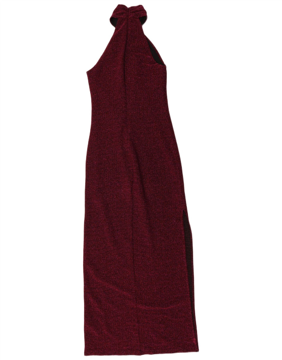 Vintage mujer Maxi Halter vestido Reino Unido 8 pequeño granate moteado poliéster