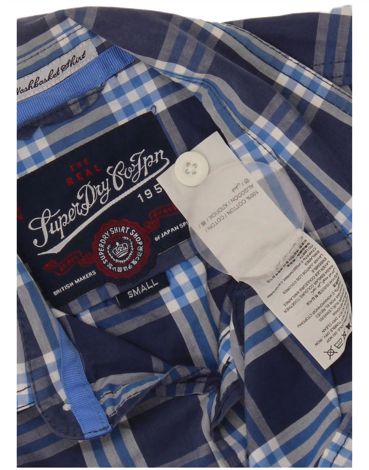 SUPERDRY Hombre Camisa de Manga Corta Small Azul Marino Cuadros Algodón