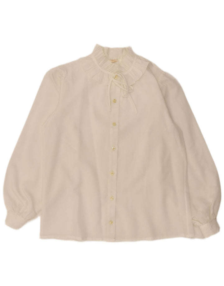 VINTAGE Blusa de camisa delantera con volantes para mujer Reino Unido 16 Blanco grande