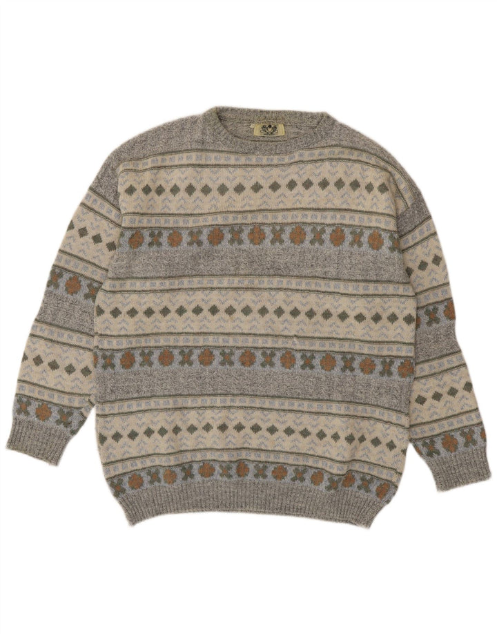 Vintage hombres cuello redondo jersey suéter medio gris geométrico